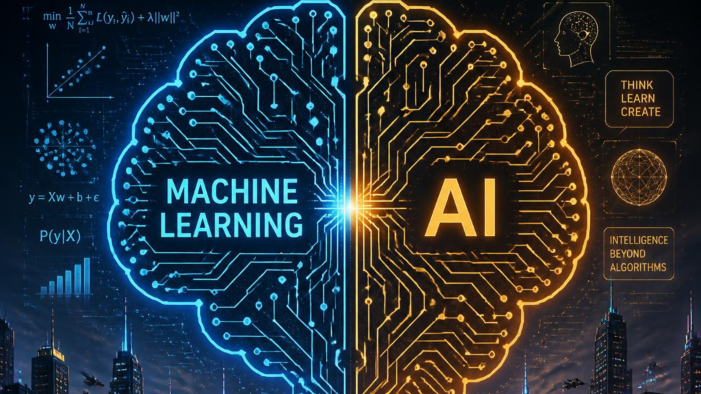 Machine learning and artificial intelligence concepts compared.